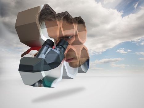 Scientist on abstract screen against cloudy sky background