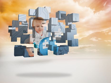 Baby genius on abstract screen against cloudy yellow sky