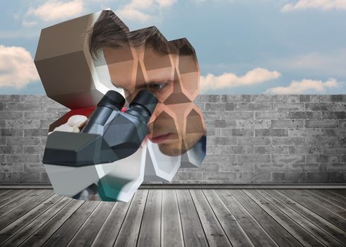 Scientist on abstract screen against brick lined wall covering half sky