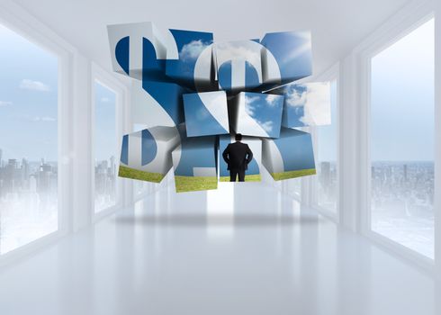 Businessman and dollar signs on abstract screen against bright white hall with windows