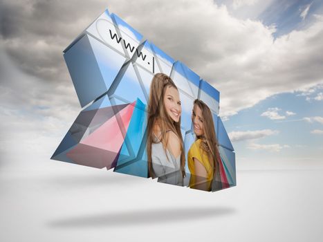 Girls shopping on abstract screen against cloudy sky background