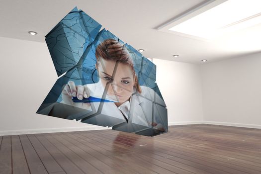 Scientist on abstract screen against digitally generated room with stairs