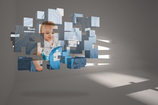 Baby genius on abstract screen against digitally generated room with bordered up window