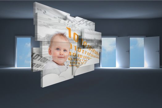Genius baby on abstract screen against doors opening in dark room to show sky 