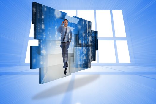 Businessman in data center on abstract screen against bright blue room with windows