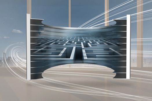 Maze on abstract screen against abstract white line design in room