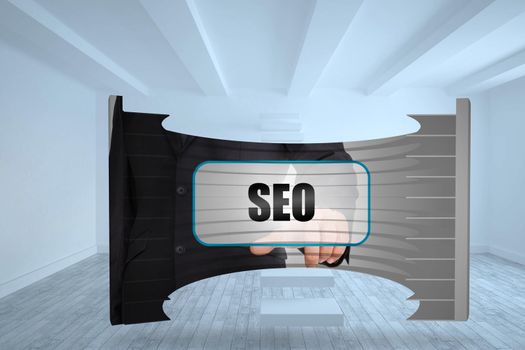 Seo banner on abstract screen against steps in a white room