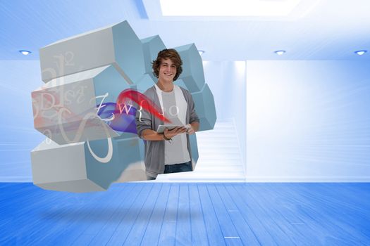 Student with tablet on abstract screen against bright blue room with staircase