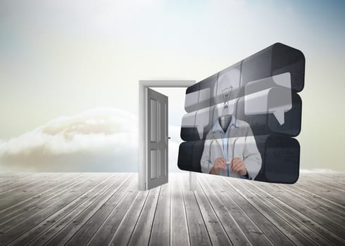 Light bulb man on abstract screen against doorway standing on floorboards