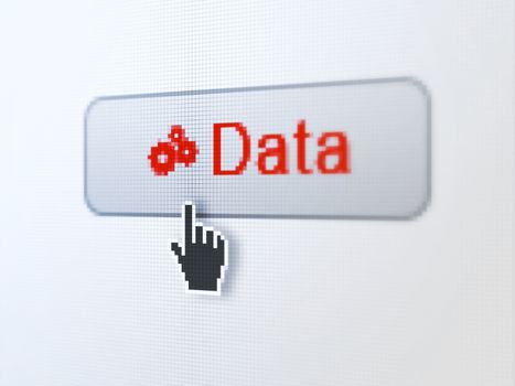 Data concept: pixelated words Data and Gears icon on button withHand cursor on digital computer screen background, selected focus 3d render