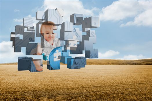 Baby genius on abstract screen against bright brown landscape