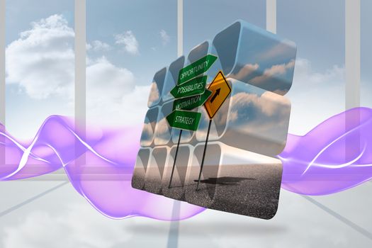 Signposts on abstract screen against abstract pattern in purple
