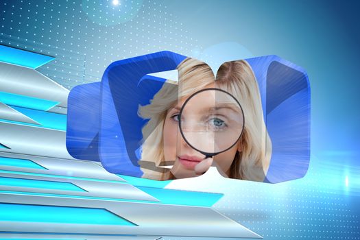 Blonde holding magnifying glass on abstract screen against arrows on technical background