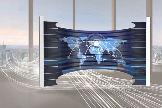 World map on abstract screen against abstract white line design in room