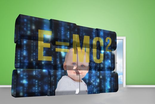 Baby genius on abstract screen against open door on green wall