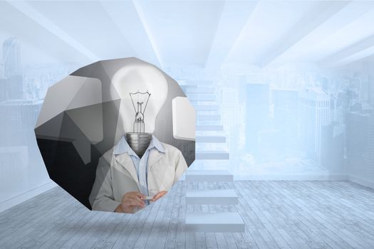 Light bulb man on abstract screen against city scene in a room