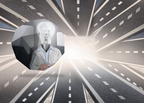 Light bulb man on abstract screen against gathering of roads crossing each other