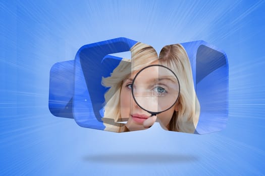 Blonde holding magnifying glass on abstract screen against bright blue room