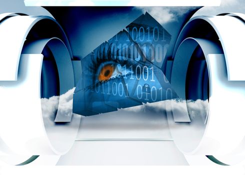 Eye and binary code on abstract screen against cloud in a futuristic structure