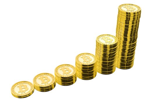 6 stacks of golden bitcoins arranged in increasing height