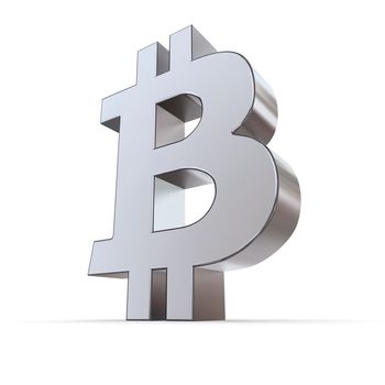 large silver bitcoin symbol standing on a white background from a low diagonal camera angle