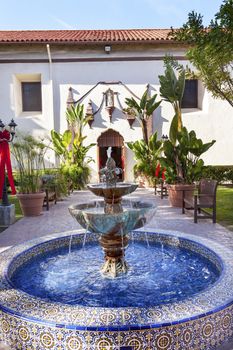 Mexican Tile Fountain Mission San Buenaventura Ventura California.  Founded 1782 by  Father Junipero Serra.  Named for Saint Bonaventure
