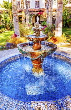 Mexican Tile Fountain Garden Mission San Buenaventura Ventura California.  Founded 1782 by  Father Junipero Serra.  Named for Saint Bonaventure