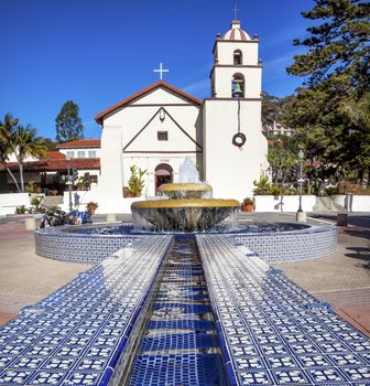 Mexican Tile Fountain Mission San Buenaventura Ventura California.  Founded 1782 by  Father Junipero Serra.  Named for Saint Bonaventure