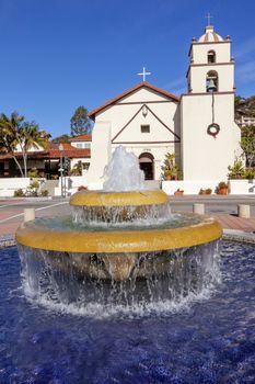 Mexican Tile Fountain Serra Statue Mission San Buenaventura Ventura California.  Founded 1782 by  Father Junipero Serra.  Named for Saint Bonaventure