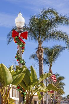 Christmas Lantern Street Light Decorations Banana Trees, Palm Trees, Holiday Time Ventura California.