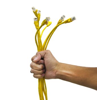 Hand Holding Internet Cables on white backgrund