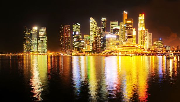 Night Panoramic view of illuminated Singapore downtown