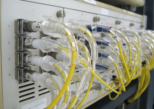 SFP communications equipment installed in a large datacenter.
