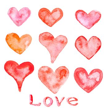 Watercolor painted red hearts, for your design