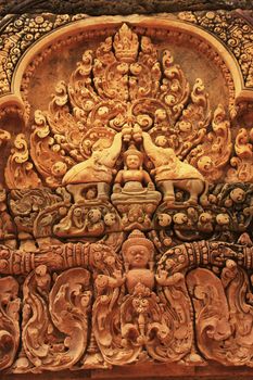 Decorative wall carvings, Banteay Srey temple, Angkor area, Siem Reap, Cambodia