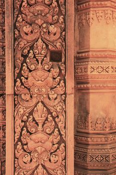 Decorative wall carvings, Banteay Srey temple, Angkor area, Siem Reap, Cambodia