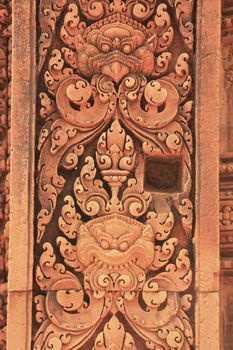 Decorative wall carvings, Banteay Srey temple, Angkor area, Siem Reap, Cambodia