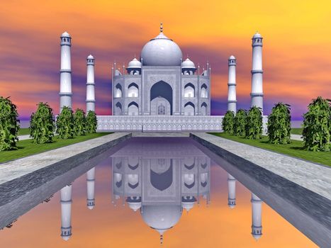 Famous Taj Mahal mausoleum and nature around by colorful sunset, Agra, India