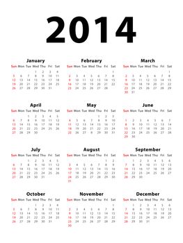 Calendar of 2014 isolated on white background