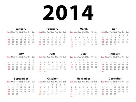 Calendar of 2014 isolated on white background