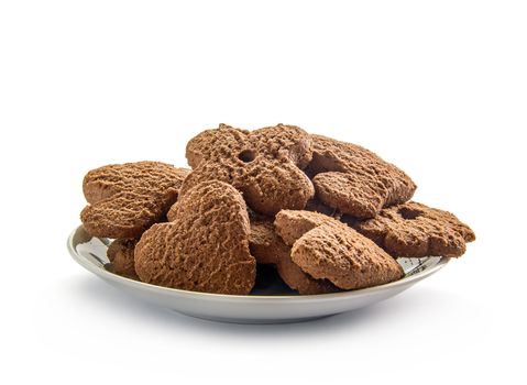 Several chocolate cookies over white dish