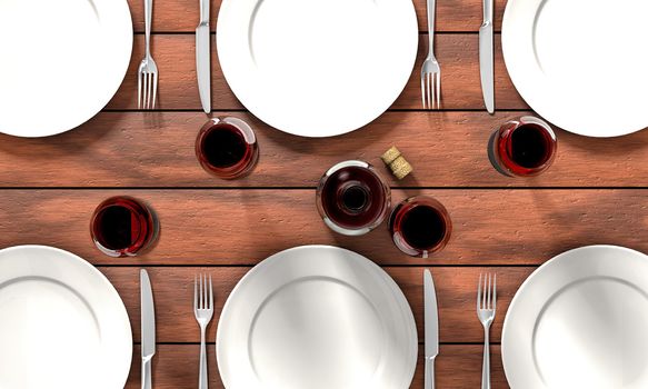 Knife, fork, glasses and white dishes on the dining table