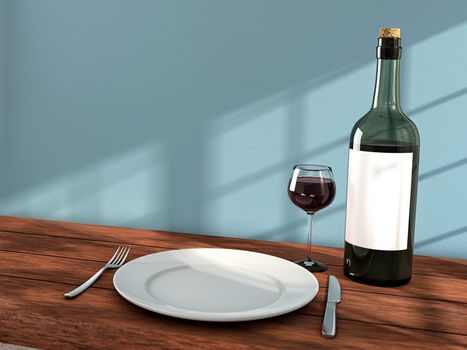 Knife, fork, wine and white dish on the dining table