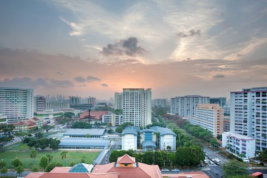 Singapore Housing Estate with Community Center at Sunset