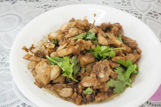 Soy Sauce Chicken with Ginger Dish Garnished with Cilantro