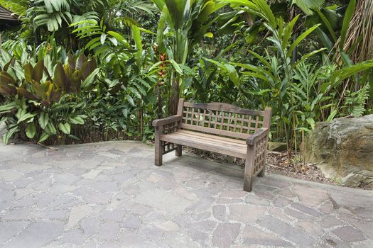 Wood Bench in Tropical Garden with Stone Paver Patio