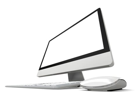 Modern desktop computer with white blank screen isolated on white background