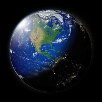 American continent on blue planet Earth isolated on black background. Highly detailed planet surface. Elements of this image furnished by NASA.