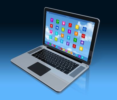 3D Laptop Computer - apps icons interface - isolated with clipping path