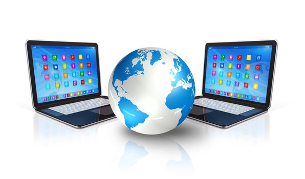 3D Laptop Computers around World Globe - apps icons interface - isolated on white